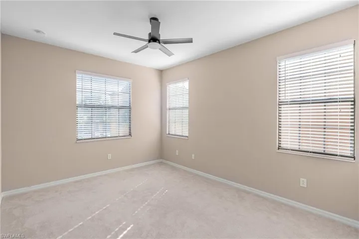 Carpeted spare room with ceiling fan and healthy amount of natural light