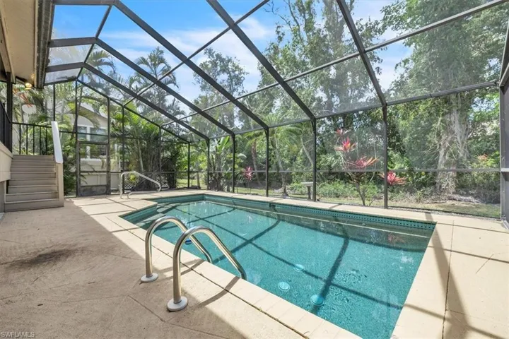 Screened pool enclosure featuring a rectangular pool with integrated steps, stainless steel handrails, and a surrounding concrete deck