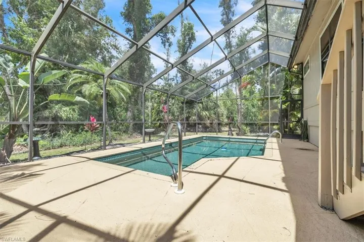 Screened enclosure featuring a rectangular pool with integrated steps, surrounded by a concrete patio