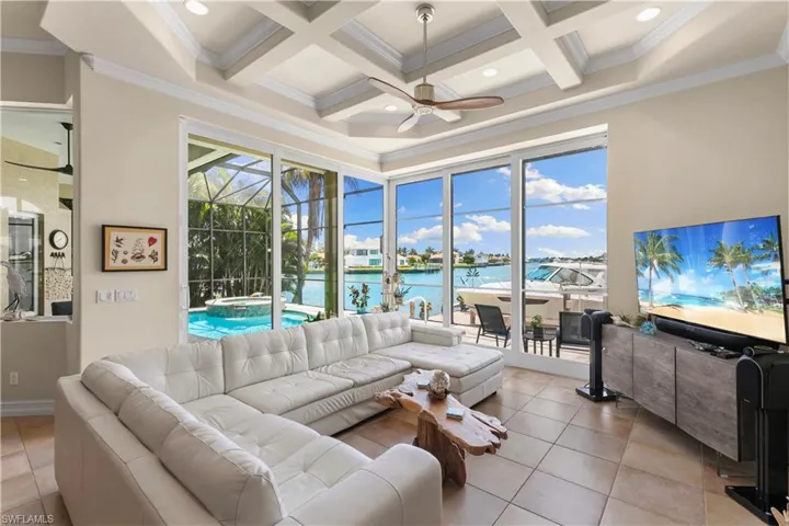 Coffered ceiling detail provides an elegant feeling