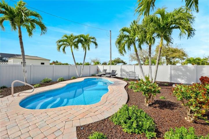 View of the Backyard Pool Oasis and its Brown Rubber Mulch