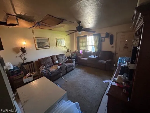 Living room with carpet flooring and ceiling fan