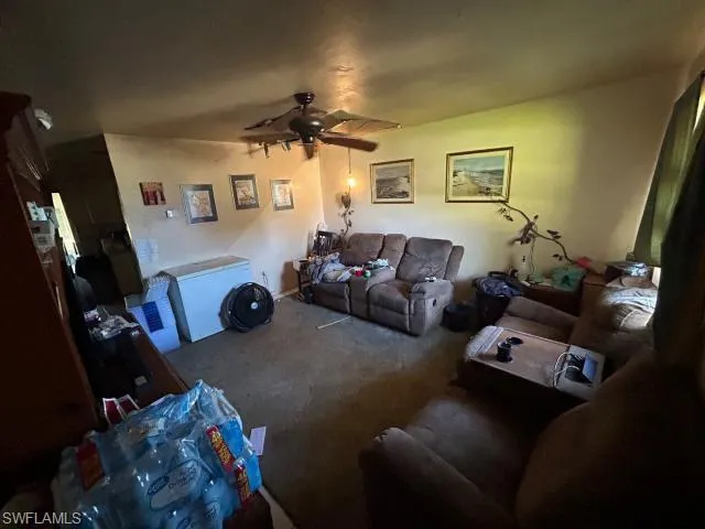Carpeted living room featuring ceiling fan