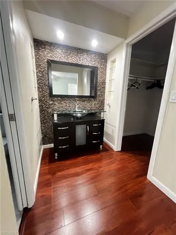 Bathroom with vanity, dark wood-type flooring, and a spacious closet