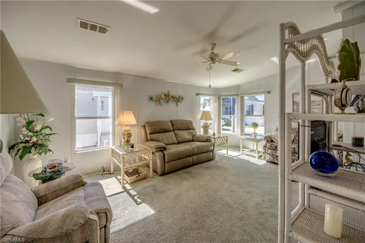 Living room with carpet, ceiling fan, and a healthy amount of sunlight