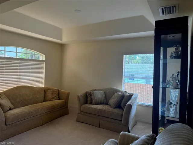 Living room with carpet floors and a healthy amount of sunlight