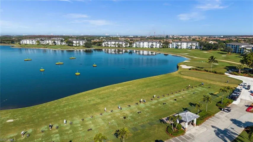 Aerial view of a large body of water and a golf course
