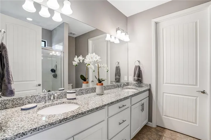 Bathroom with double vanity, a stall shower, and toilet