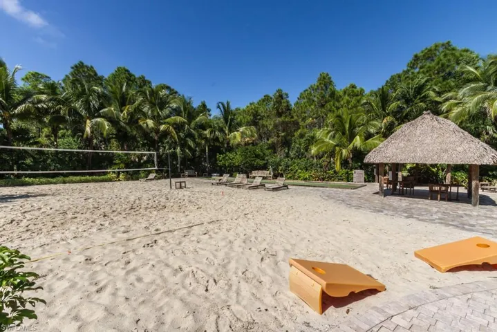 gazebo and volleyball court, bocce court