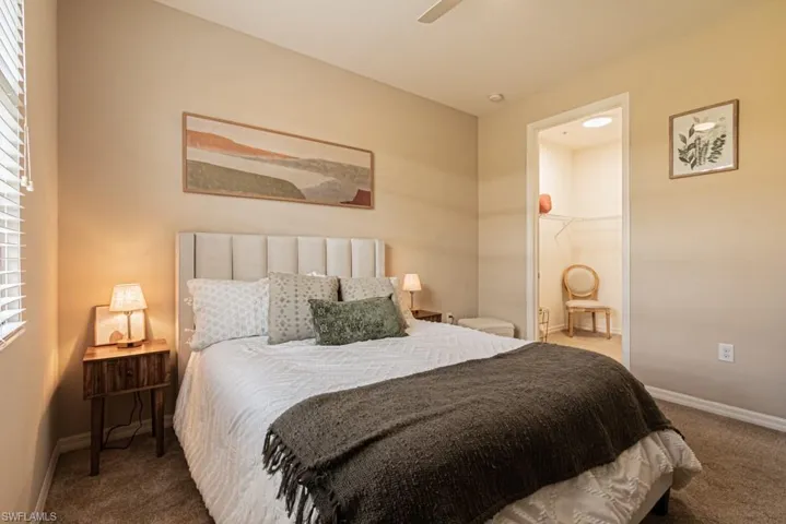 Bedroom featuring a spacious closet, carpet, ceiling fan, and a closet