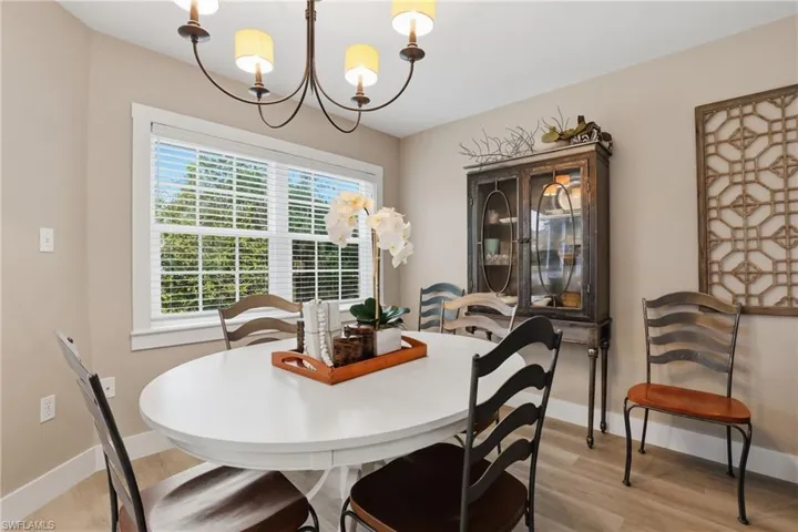 Dining room featuring light wood-type flooring and hanging lights