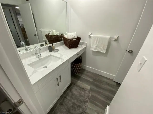 Bathroom featuring vanity and dark wood-type flooring
