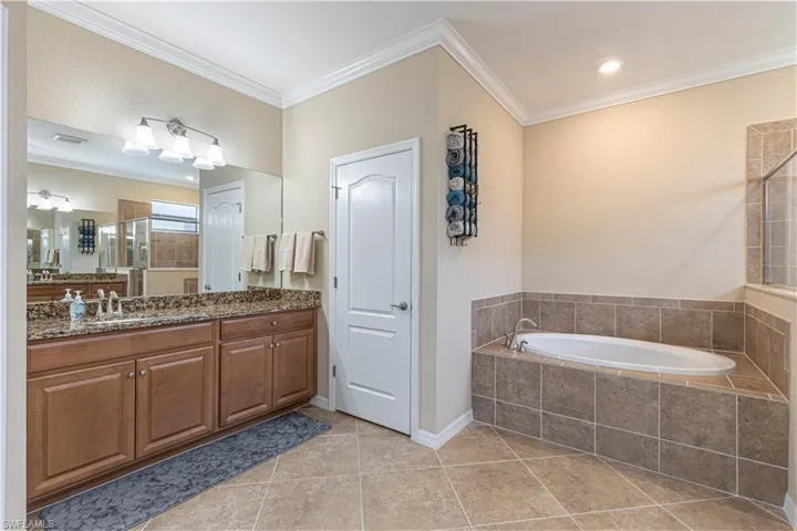 Bathroom featuring vanity, crown molding, separate shower and tub, and tile patterned floors