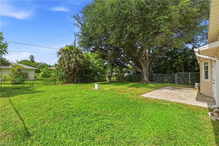 Expansive green lawn with a mature tree, concrete patio, and chain-link fencing
