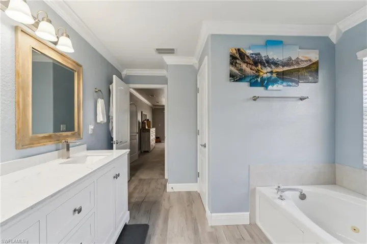 Full bathroom featuring vanity, a bath, crown molding, wood finished floors, and baseboards