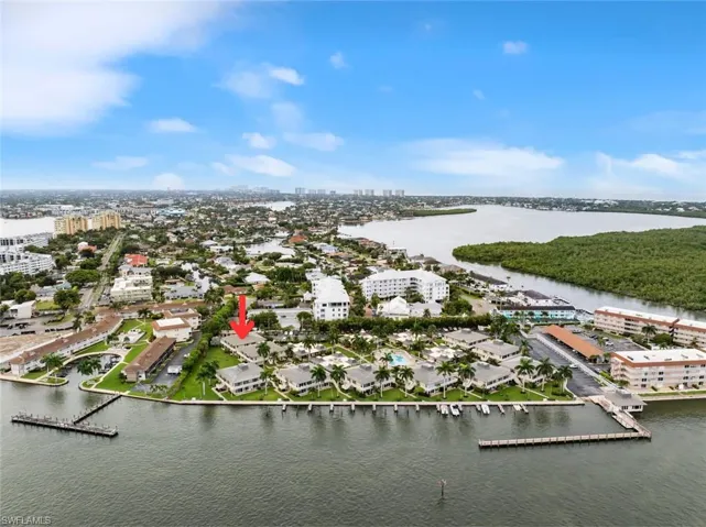 Aerial view featuring a water view