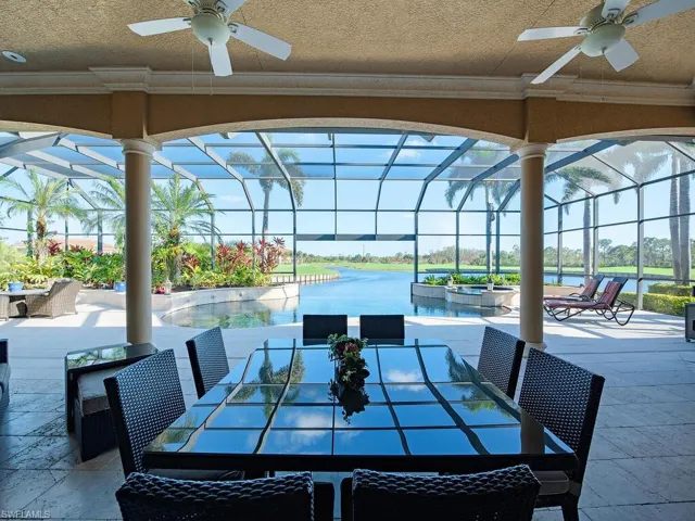 Under cover dining with beautiful open views of the pool, lake and golf course