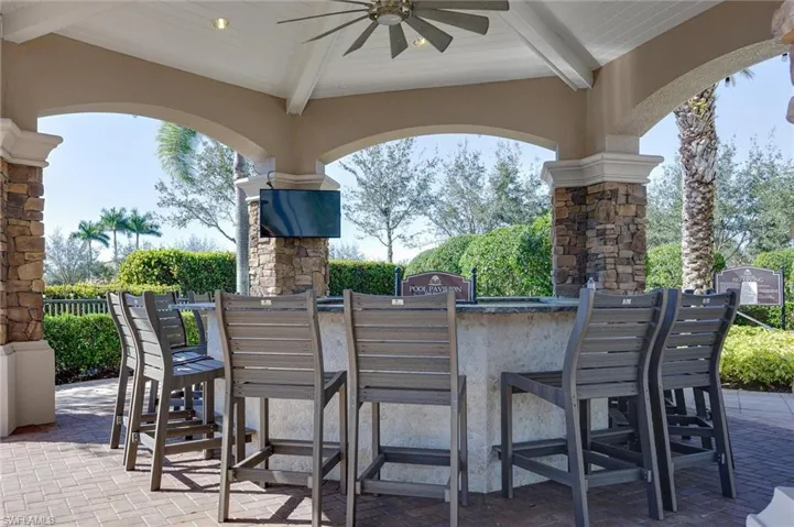 View of patio featuring a ceiling fan and an outdoor bar