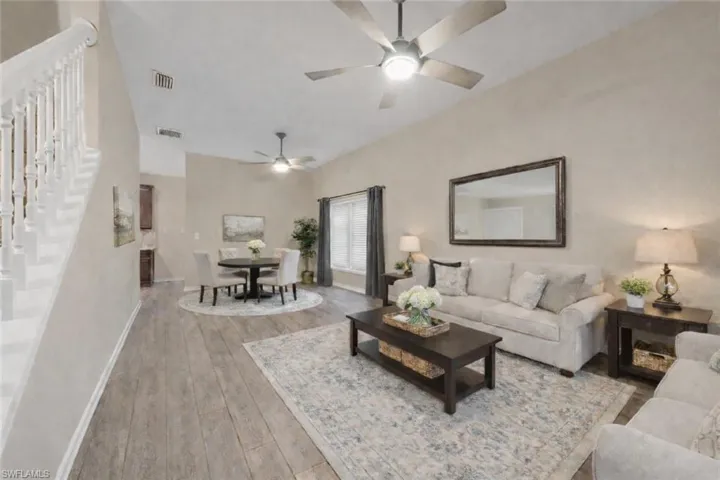 Digitally staged idea for living and dining space