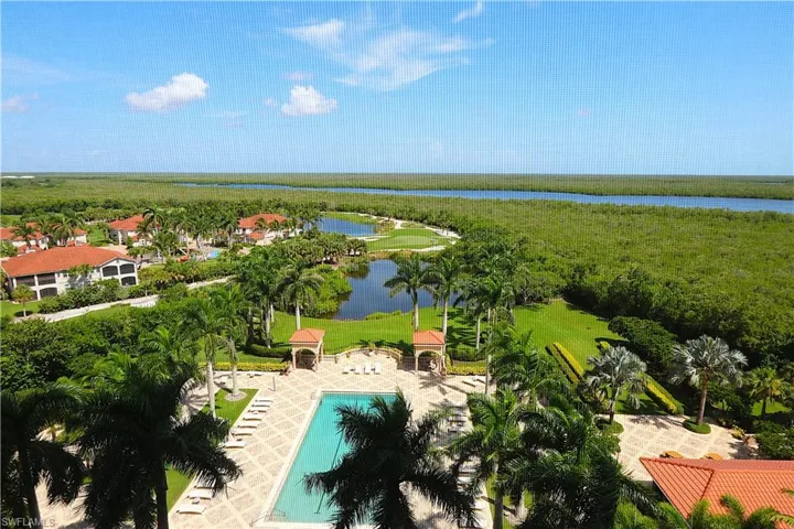 Aerial view of a pool and a nearby body of water
