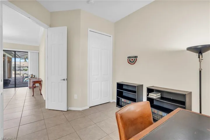Tiled office space with crown molding