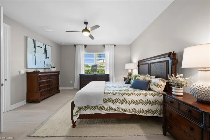 Bedroom featuring ceiling fan and light hardwood / wood-style flooring
