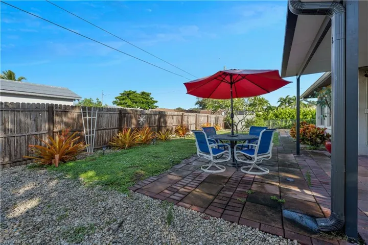 Fenced backyard featuring a patio and outdoor dining area