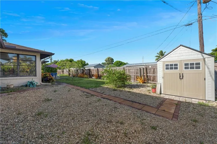Fenced backyard with a shed