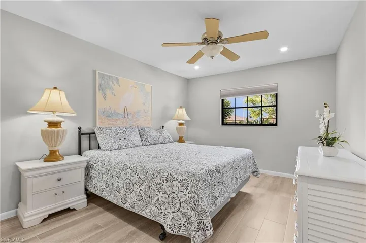 SPACIOUS Primary suite, huge walk-in closet with additional closet in side closet. View of front yard. Comes completely furnished!