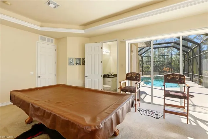 Recreation room with carpet, pool table, and a raised ceiling
