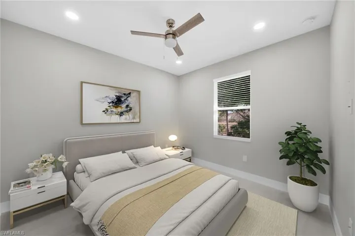 Bedroom featuring a ceiling fan and recessed lighting