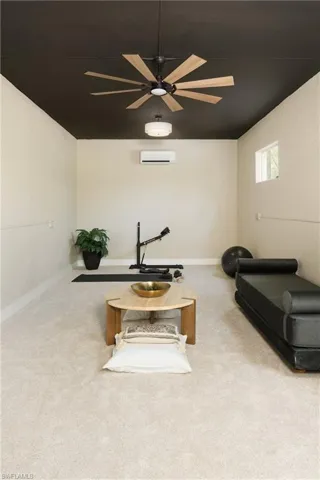 Spacious room featuring light-colored carpeting and a contrasting dark ceiling
