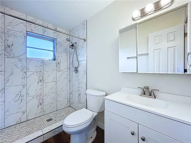 Updated bathroom featuring a new vanity, toilet and walk-in shower