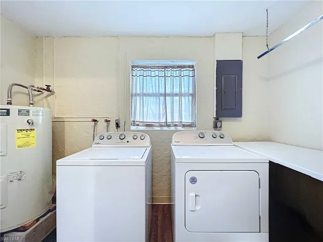 Laundry room with electric water heater, electric panel, and brand-new full-size washer and dryer