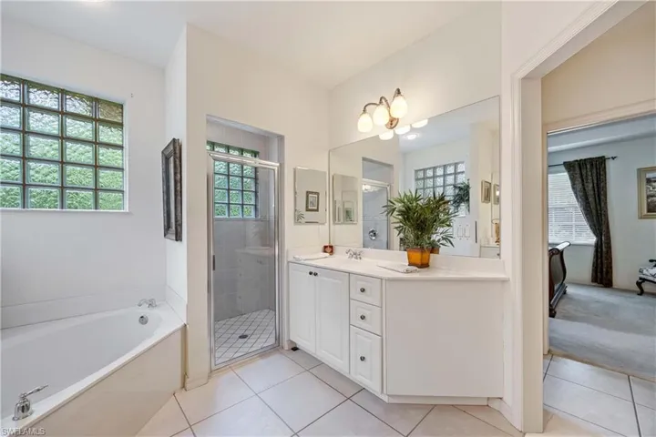 Full bathroom with a bath, vanity, plenty of natural light, and tile patterned flooring