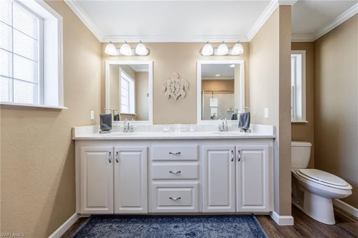 Full bath featuring double vanity, ornamental molding, plenty of natural light, dark wood-type flooring, and a textured wall