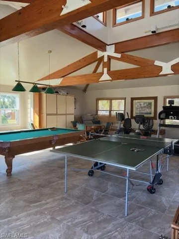 Recreation room with billiards and lofted ceiling