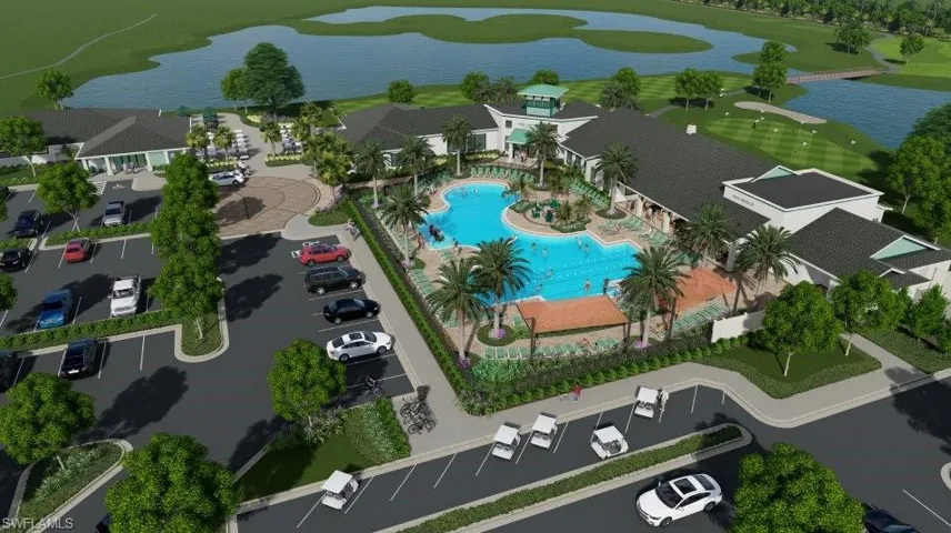 Bird's eye view of a nearby body of water and a golf course