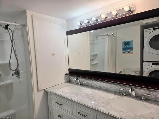 Shower and double sinks in the bathroom!
