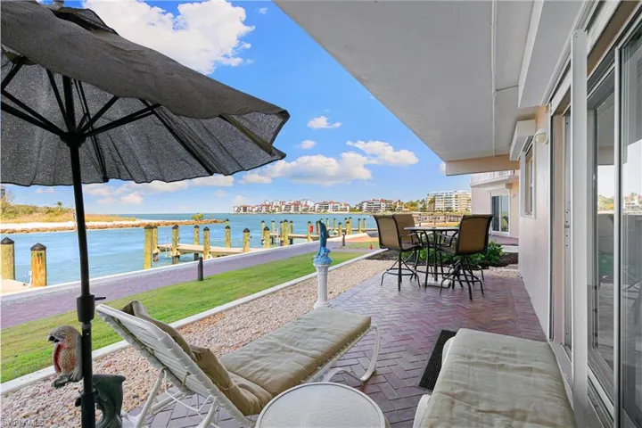 View of patio featuring a water view and outdoor dining area