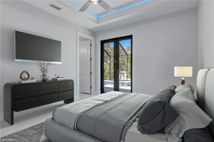 Bedroom with access to outside, ceiling fan, and french doors
