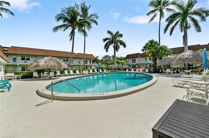 The community pool area, has been freshly remodeled. The patio has been painted, along with new coping, and pebble in the pool.  Enjoy the added comfort with the updated furnishings and multiple shaded tiki huts.