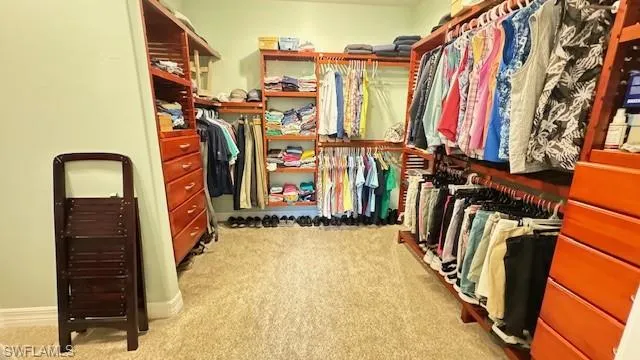 Walk in closet featuring light carpet