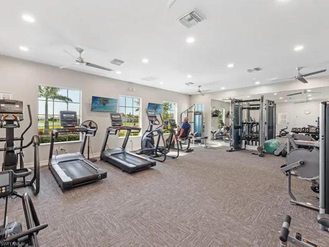 Exercise room with visible vents, a ceiling fan, and recessed lighting
