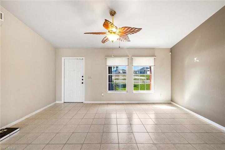 Looking from the dining area to the front door