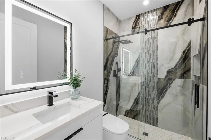 Bathroom with a shower with shower door, toilet, and vanity