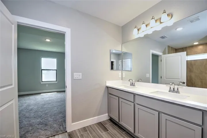 Bathroom with vanity and hardwood / wood-style floors