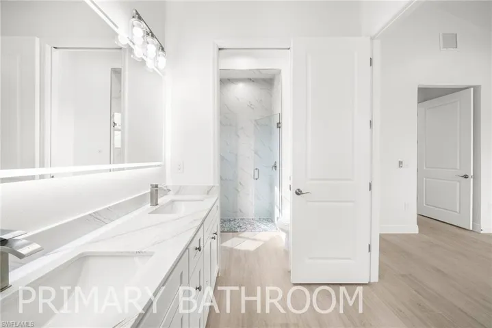 Bathroom with vanity, toilet, hardwood / wood-style floors, and walk in shower