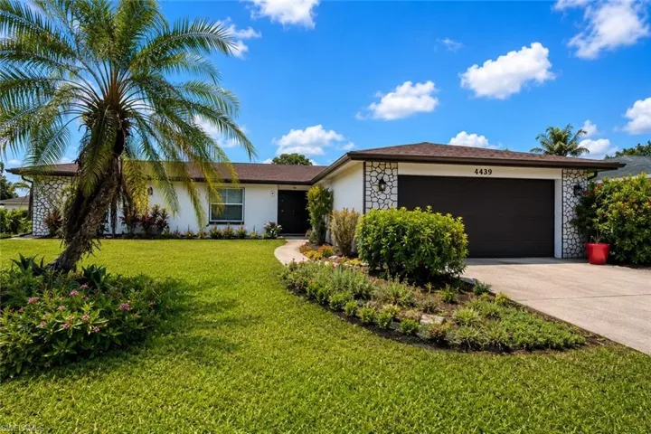 White exterior with decorative stone accents, mature palm trees, a dark brown garage door, and a paved driveway