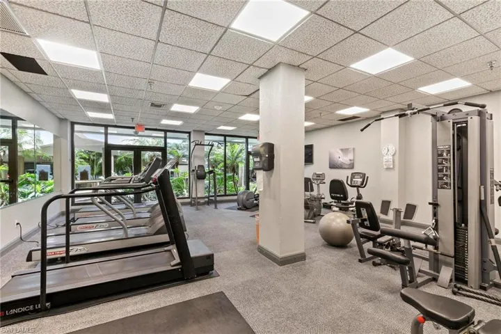 Workout area featuring a drop ceiling, plenty of natural light, and carpet flooring